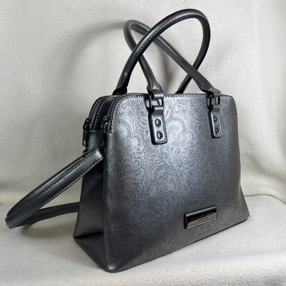 NWOT Mark New York Embelished Pattern Metalic Grey Satchel Bag - Picture 3 of 14
